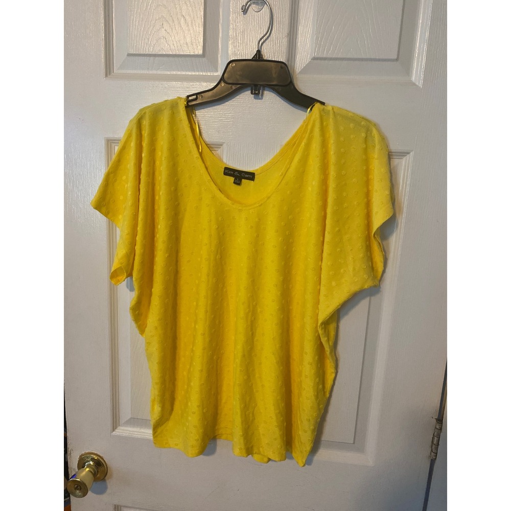 Kim & Cami Yellow Swiss Dot Scoop Neck Dolman Sleeve Blouse Large